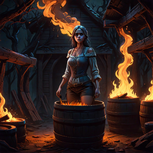 Beautiful woman stands in a burning wooden barrel - H7.png