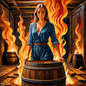 Beautiful woman stands in a burning wooden barrel - H9.png