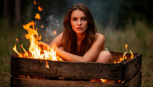 Beautiful woman sits in a burning wooden box - S1.jpg