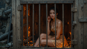 Beautiful woman sits in a burning wooden cage - PL1.png