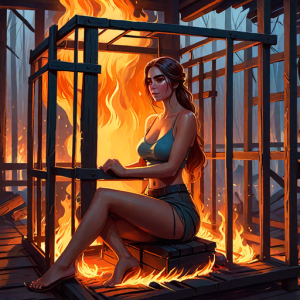 Beautiful woman sits in a burning wooden cage - H2.png