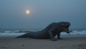 Montauk Monster on ocean beach under full moon - PL1.png