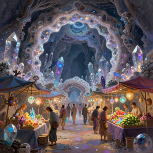 A vibrant, bustling marketplace within a colossal, hollowed-out geode.jpg
