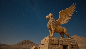 Winged lion with human head in ancient Iraq under starry night sky - PL1.png