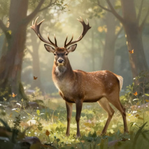 A majestic stag stands in a sun-dappled forest clearing.jpg