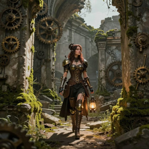 A lone woman, adorned in intricate steampunk attire, navigates the ruins of an ancient civilization.jpg