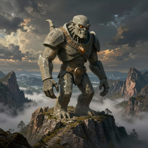 A colossal golem, crafted from ancient, weathered stone, stands sentinel atop a windswept mountain peak.jpg