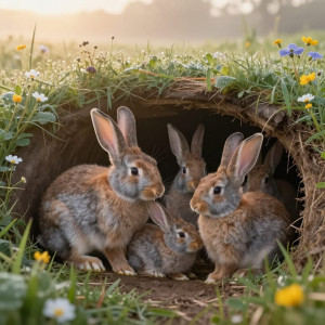 A family of rabbits is gathered in their burrow entrance.jpg