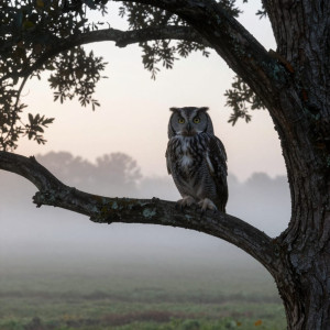 A wise old owl perched on a gnarled oak branch surveys a misty valley as dawn breaks.jpg