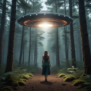 Giant UFO abducts a beautiful woman in magical forest - H1.png