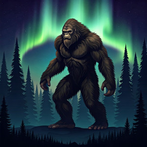 Giant Bigfoot over magical forest under aurora borealis - G3.jpg