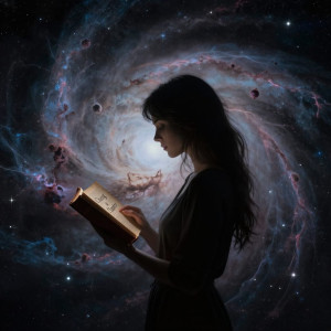 A lone woman, silhouetted against a swirling nebula in deep space.jpg
