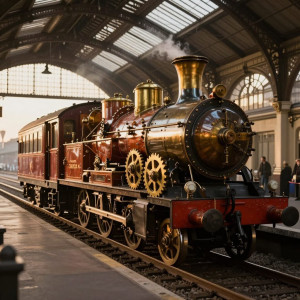 An intricate steampunk train, adorned with brass gears and polished mahogany.jpg
