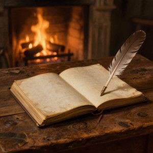 A weathered journal lies open on a rustic wooden table.jpg