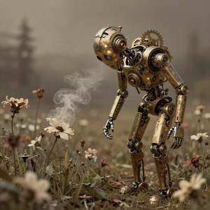 A steampunk-inspired automaton gracefully bows its head amidst a field of wilting clockwork flowers.jpg