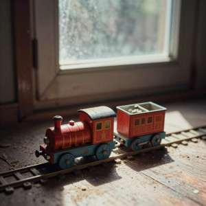 A child's forgotten toy train sits on a dusty attic floor.jpg