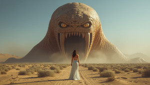 Beautiful woman stands in front of giant evil worm - L1.jpg