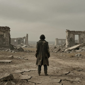 A lone figure stands on a desolate, windswept plain, surveying the ruins of a fallen civilization.jpg