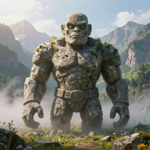An ancient, colossal stone golem slowly awakening in a serene mountain valley.jpg