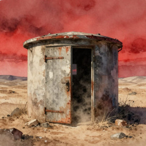 A solitary, weathered bunker door stands slightly ajar in a desolate, dust-choked landscape.jpg