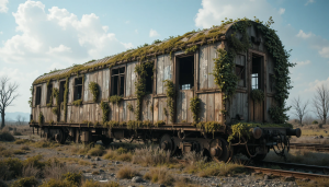 A dilapidated train car, overgrown with moss and vines - PL1.png