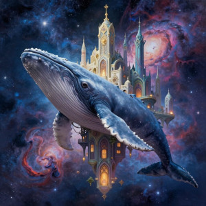 A fantastical city built on the back of a colossal, slumbering space whale.jpg