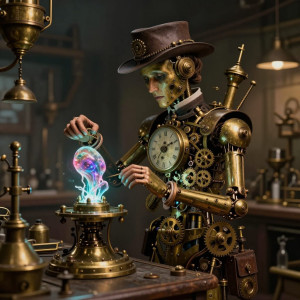 A detailed, intricate clockwork automaton, styled as a Victorian explorer.jpg