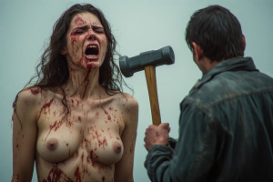 Beautiful woman stands in front of man holding a sledgehammer - P3.jpg