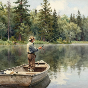 A grizzled fisherman casts his line from a weathered wooden boat.jpg