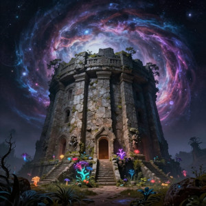 A colossal, ancient stone bunker, partially reclaimed by nature, emerges from a swirling vortex of cosmic energy.jpg