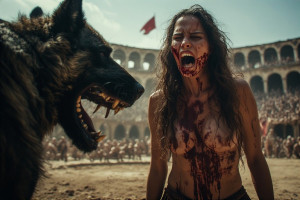 Beautiful woman, big breasts stands in front of monstrous dog - P1.jpg