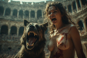 Beautiful woman, big breasts stands in front of monstrous dog - P2.jpg