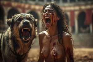 Beautiful woman, big breasts stands in front of monstrous dog - P4.jpg