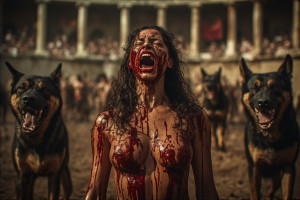 Beautiful woman, big breasts stands in front of monstrous dog - P5.jpg