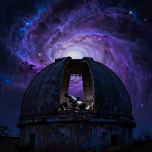 An abandoned observatory dome, silhouetted against a swirling nebula of deep violets and electric blues.jpg