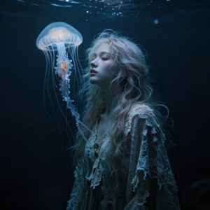 An ethereal portrait of a woman whose hair transforms into a cascade of delicate, glowing jellyfish.jpg