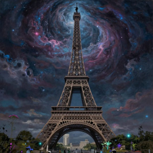 The skeletal remains of the Eiffel Tower stand defiantly against a swirling, cosmic sky.jpg
