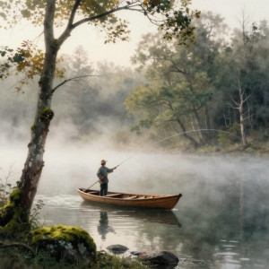 A solitary fisherman casts his line into a mist-shrouded lake at dawn, his small wooden boat gently drifting.jpg