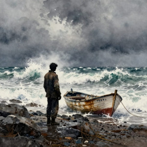 A lone, weathered fisherman stands on a desolate, rocky shore, his silhouette stark against a turbulent, stormy sea.jpg