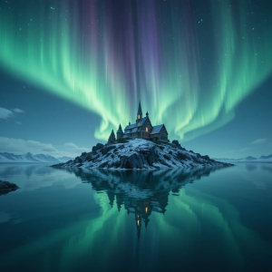 Mystical island of Thule in Northern Sea under aurora borealis.png