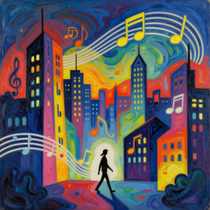 A vibrant, abstract cityscape where buildings are formed from solidified musical notes and swirling ribbons of sound.jpg