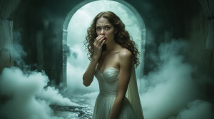 Beautiful woman stands  surrounded by a cloud of toxic fumes - Л4.jpg