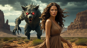 Beautiful woman stands in the desert in front of evil Chupacabra - L1.jpg