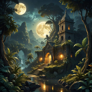 City of gold in Central American jungle under full round moon - АXL.jpg