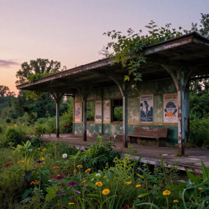An abandoned train station, overgrown with lush, vibrant flora.jpg