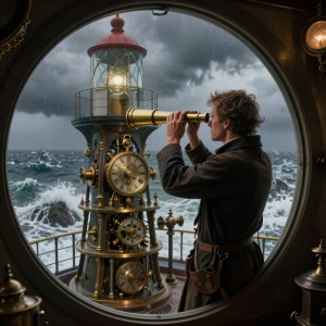 A solitary lighthouse keeper meticulously polishes a brass telescope.jpg