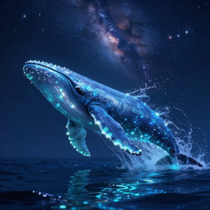A majestic, bioluminescent whale breaching from a starlit ocean, its body adorned with glowing, ancient runes.jpg