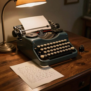 A vintage typewriter sits on a polished wooden desk.jpg