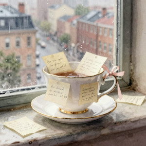 A whimsical, sentient teacup, adorned with tiny, handwritten notes.jpg