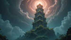 A colossal, forgotten tower, overgrown with bioluminescent alien flora - PL1.png